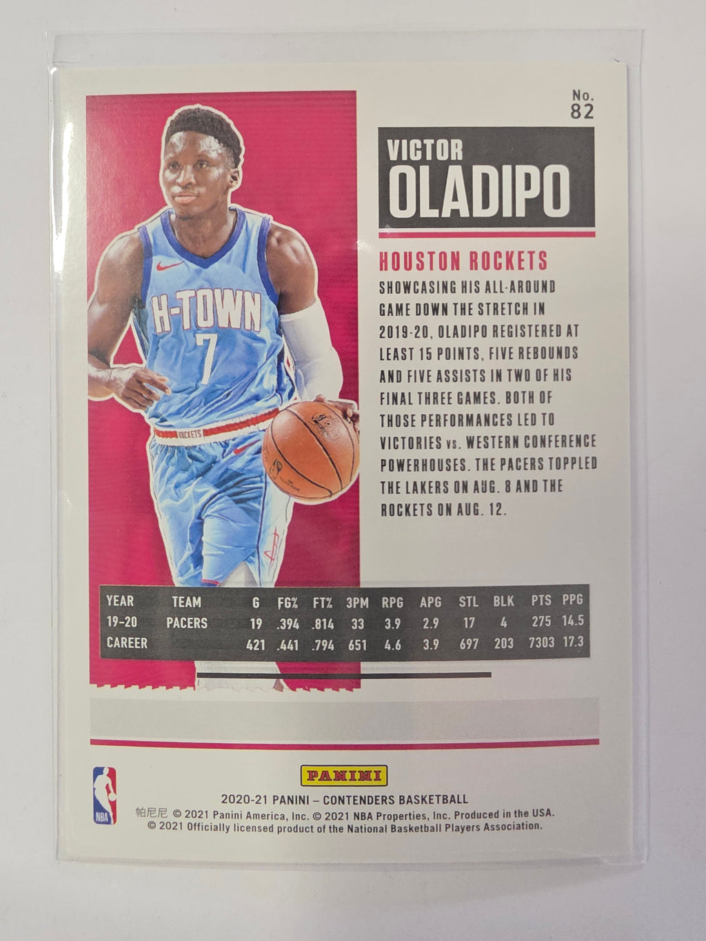 2020-21 Panini Contenders | Game Ticket Pink Parallel /49 | #82 | Victor Oladipo | Houston Rockets