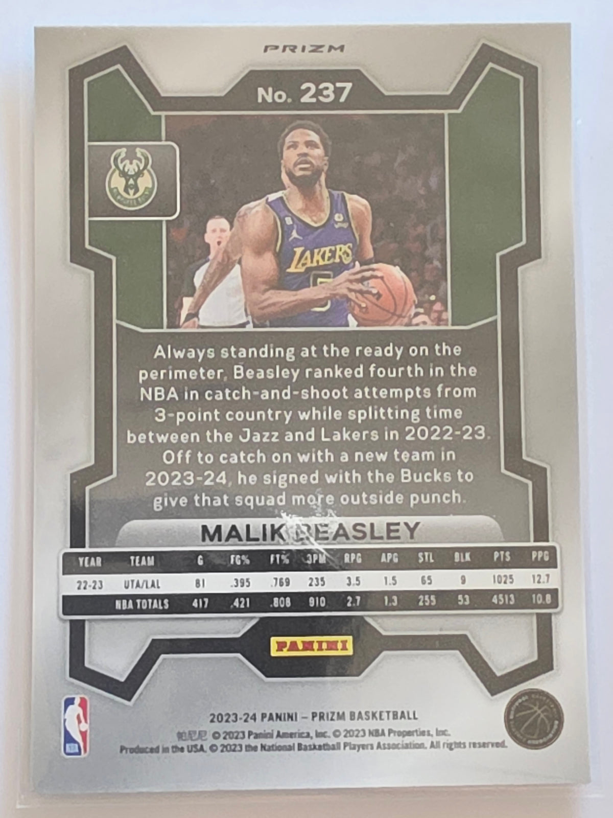 2023-24 Panini Prizm | Green Parallel | #237 | Malik Beasley | Milwaukee Bucks
