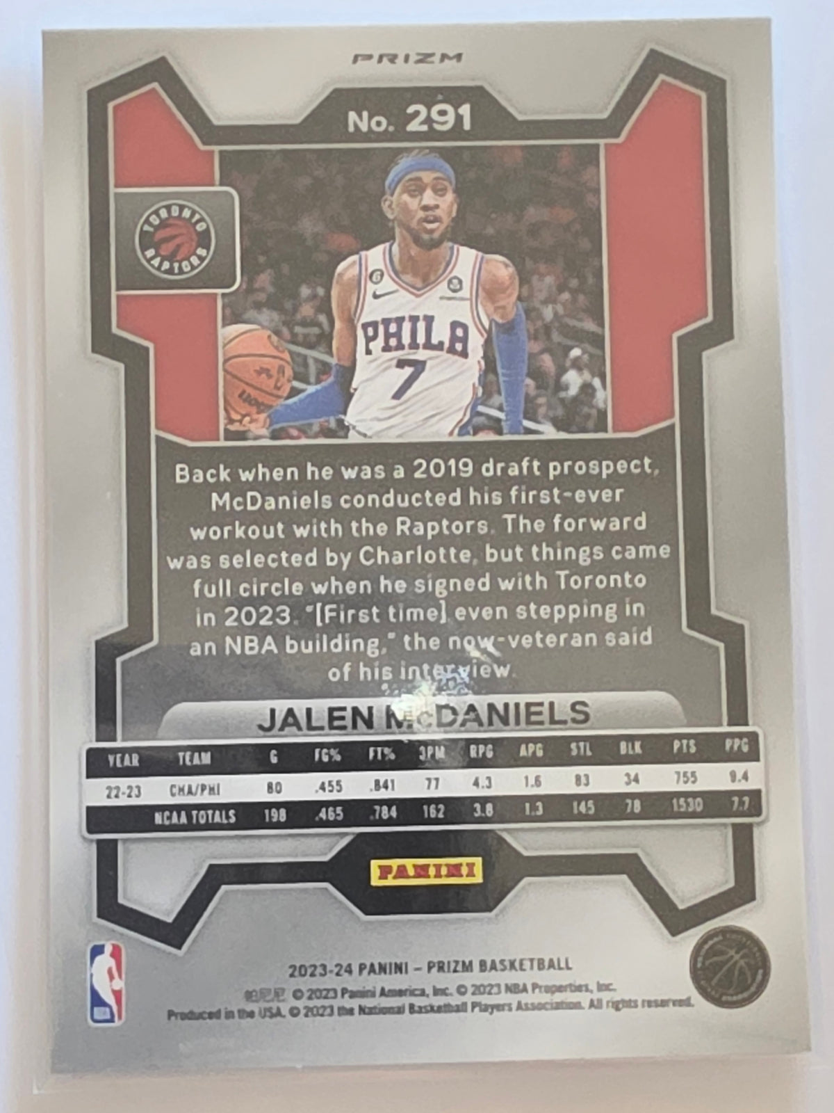 2023-24 Panini Prizm | White Sparkle Prizm Parallel | #291 | Jalen McDaniels | Toronto Raptors
