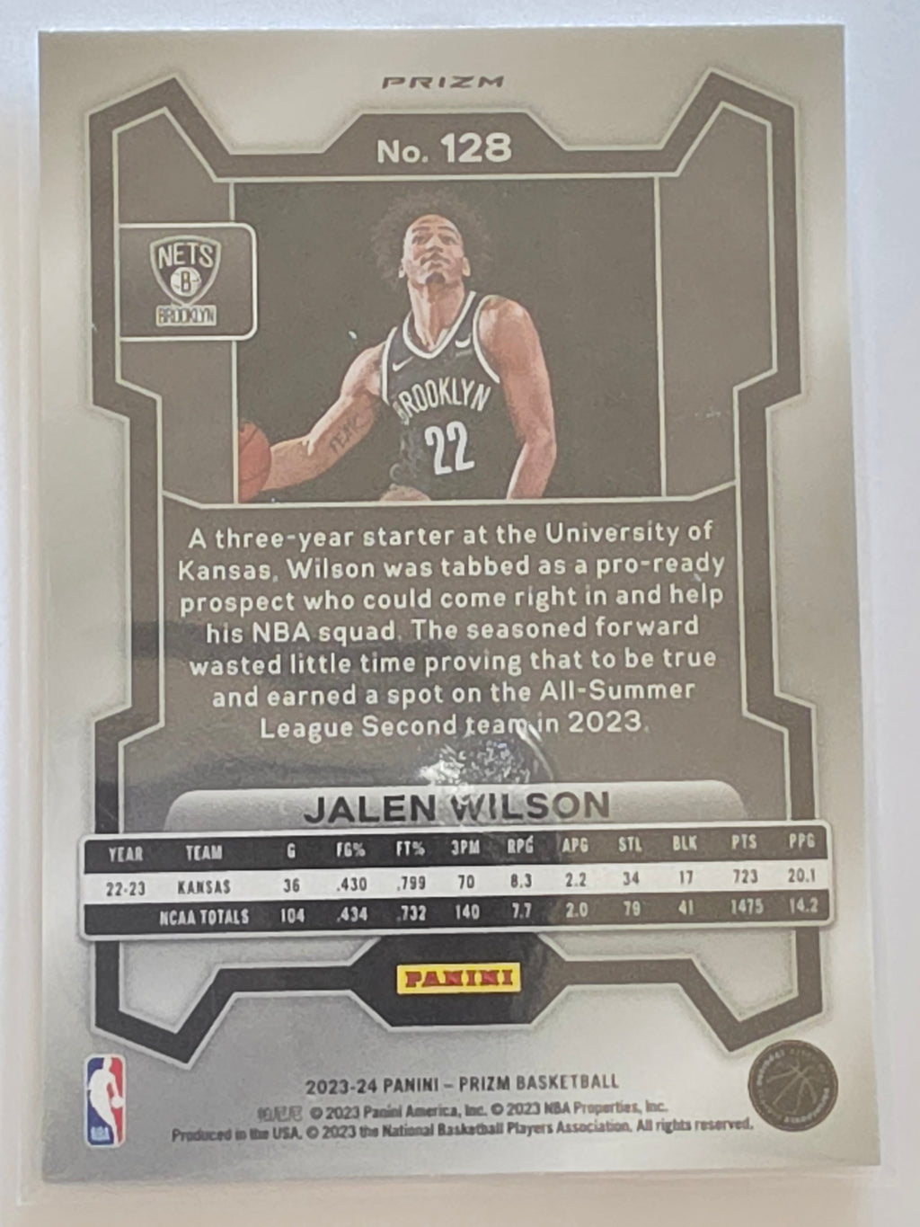 2023-24 Panini Prizm | White Sparkle Prizm Parallel Rookie Card RC | #128 | Jalen Wilson | Brooklyn Nets