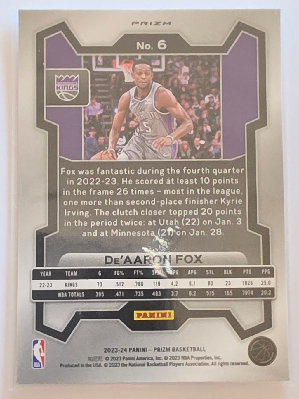 2023-24 Panini Prizm | White Sparkle Prizm Parallel | #6 | De'Aaron Fox | Sacramento Kings