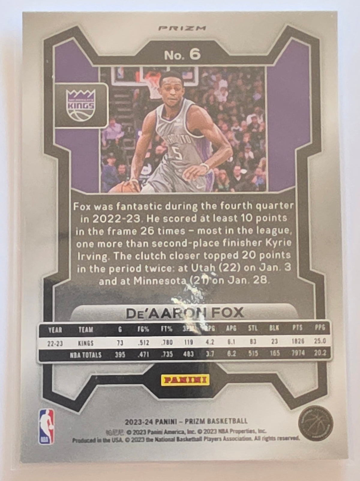 2023-24 Panini Prizm | White Sparkle Prizm Parallel | #6 | De'Aaron Fox | Sacramento Kings