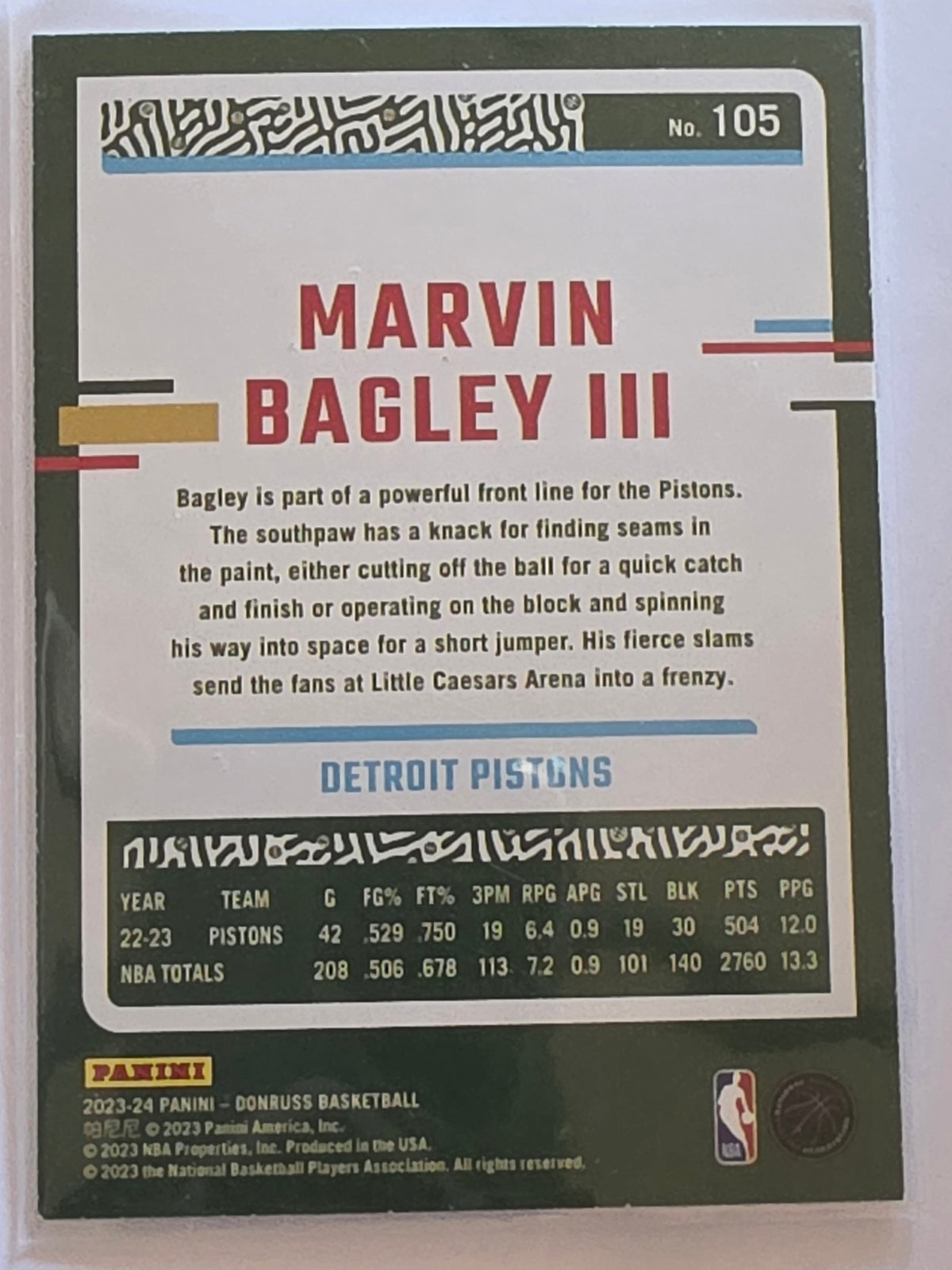 2023-24 Panini Donruss | Green Parallel | #105 | Marvin Bagley III | Detroit Pistons