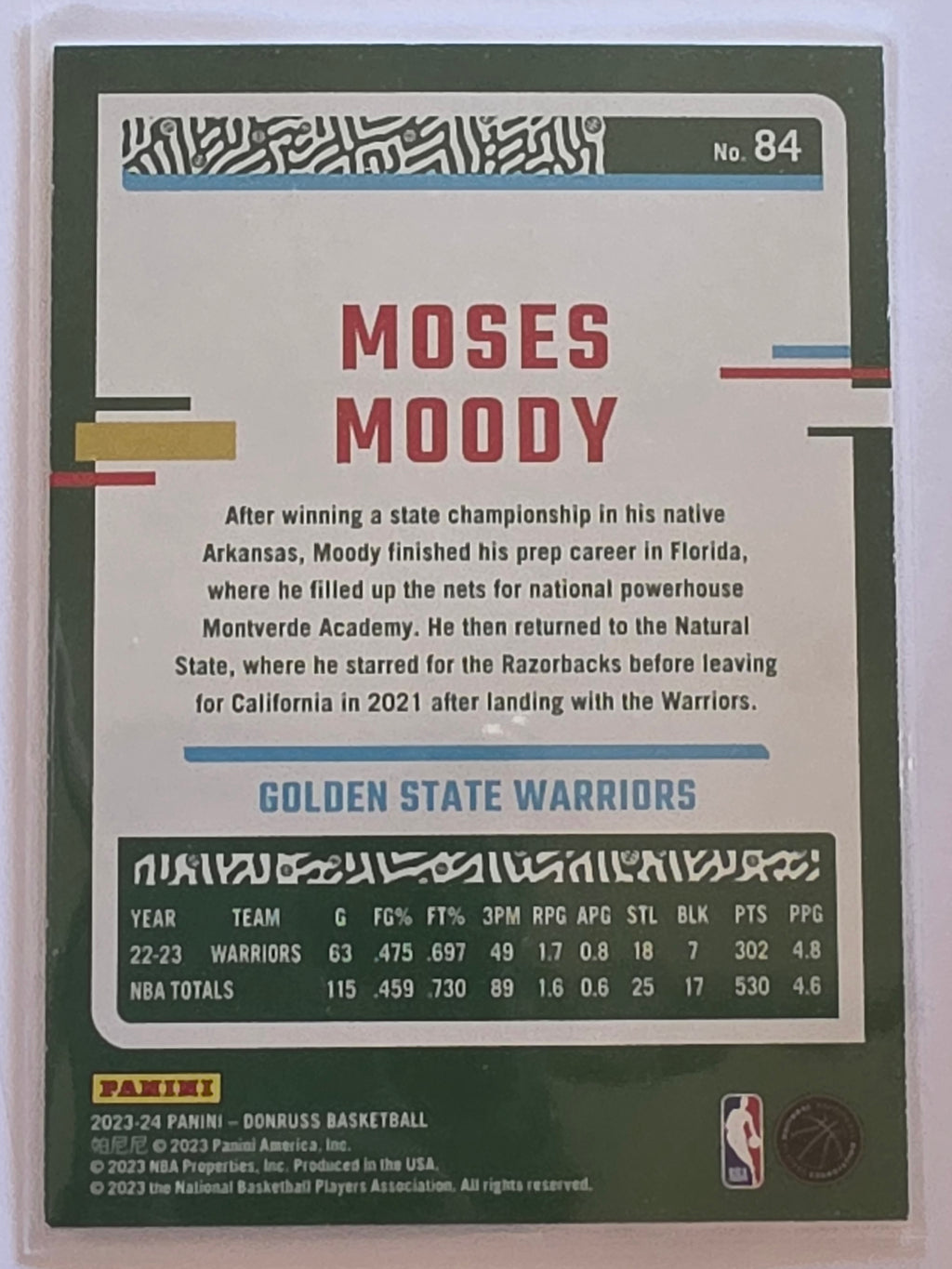 2023-24 Panini Donruss | Green Parallel | #84 | Moses Moody | Golden State Warriors