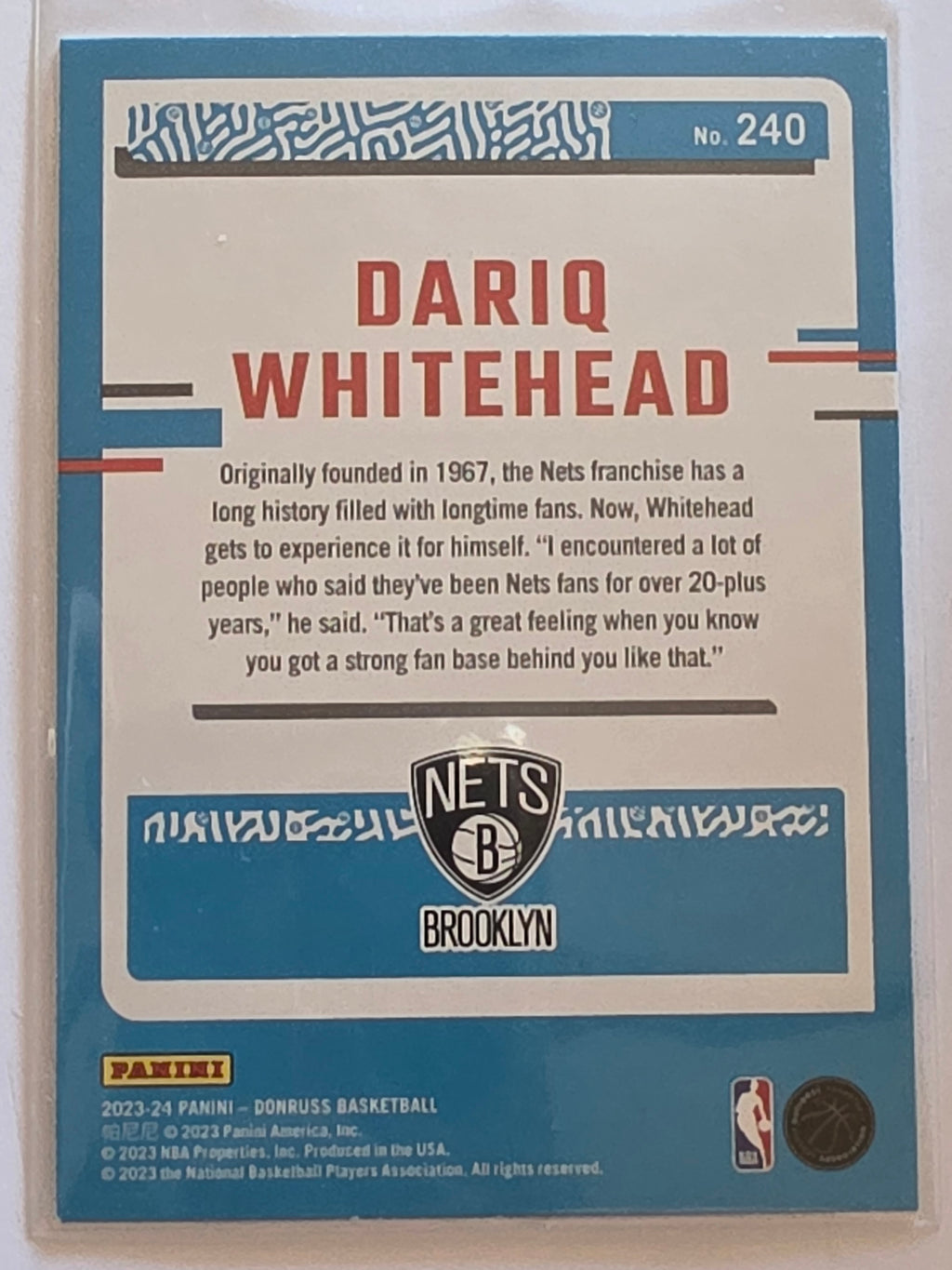 2023-24 Panini Donruss | Green Parallel Rated Rookie RC | #240 | Dariq Whitehead | Brooklyn Nets