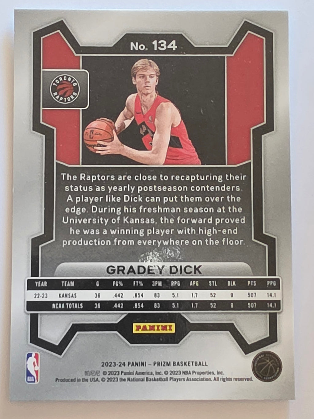 2023-24 Panini Prizm | White Sparkle Prizm Rookie RC | #134 | Gradey Dick | Toronto Raptors