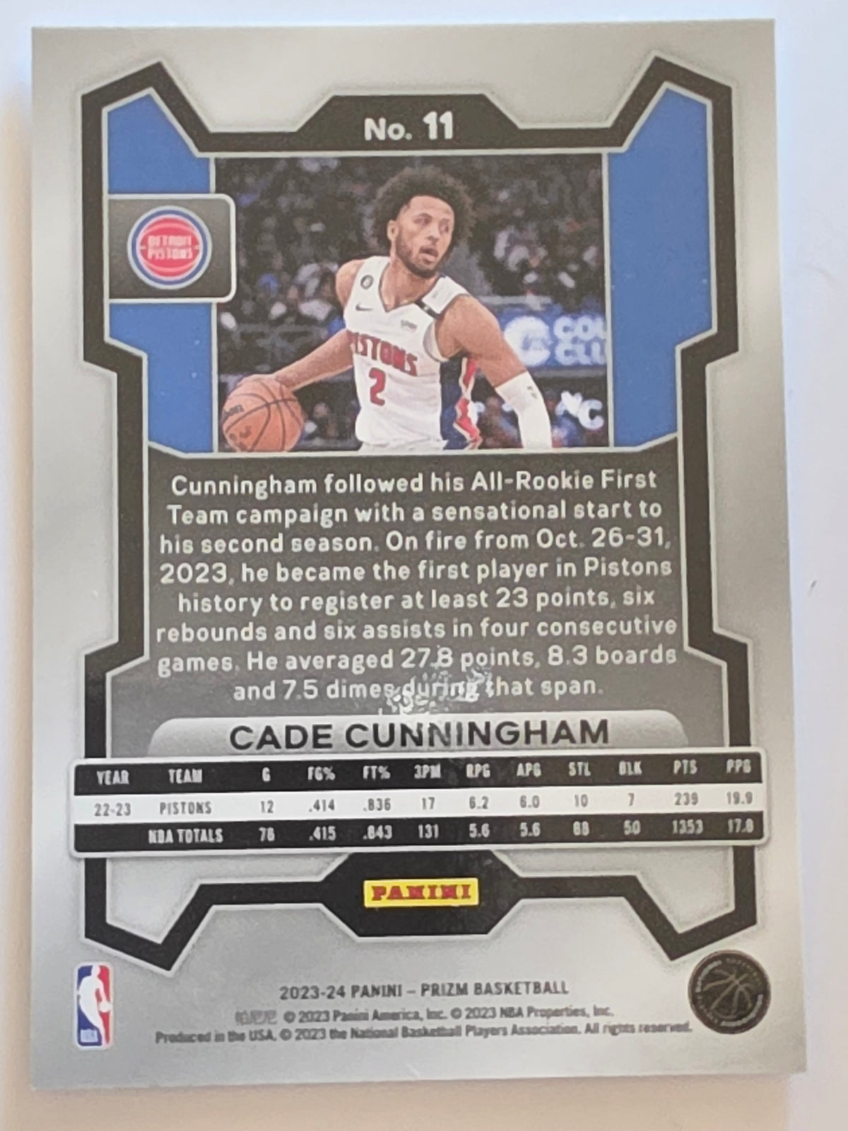 2023-24 Panini Prizm | White Sparkle Prizm Parallel | #11 | Cade Cunningham | Detroit Pistons