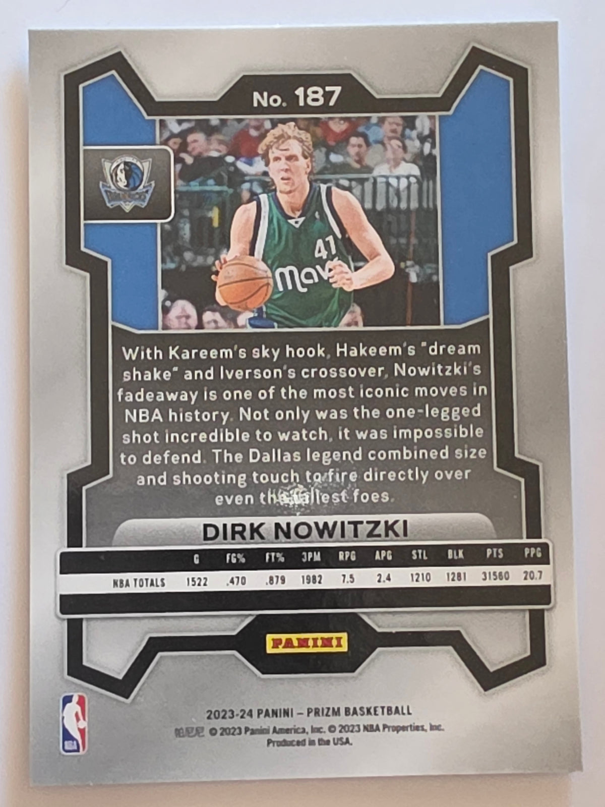 2023-24 Panini Prizm | White Sparkle Prizm Parallel | #187 | Dirk Nowitzki | Dallas Mavericks