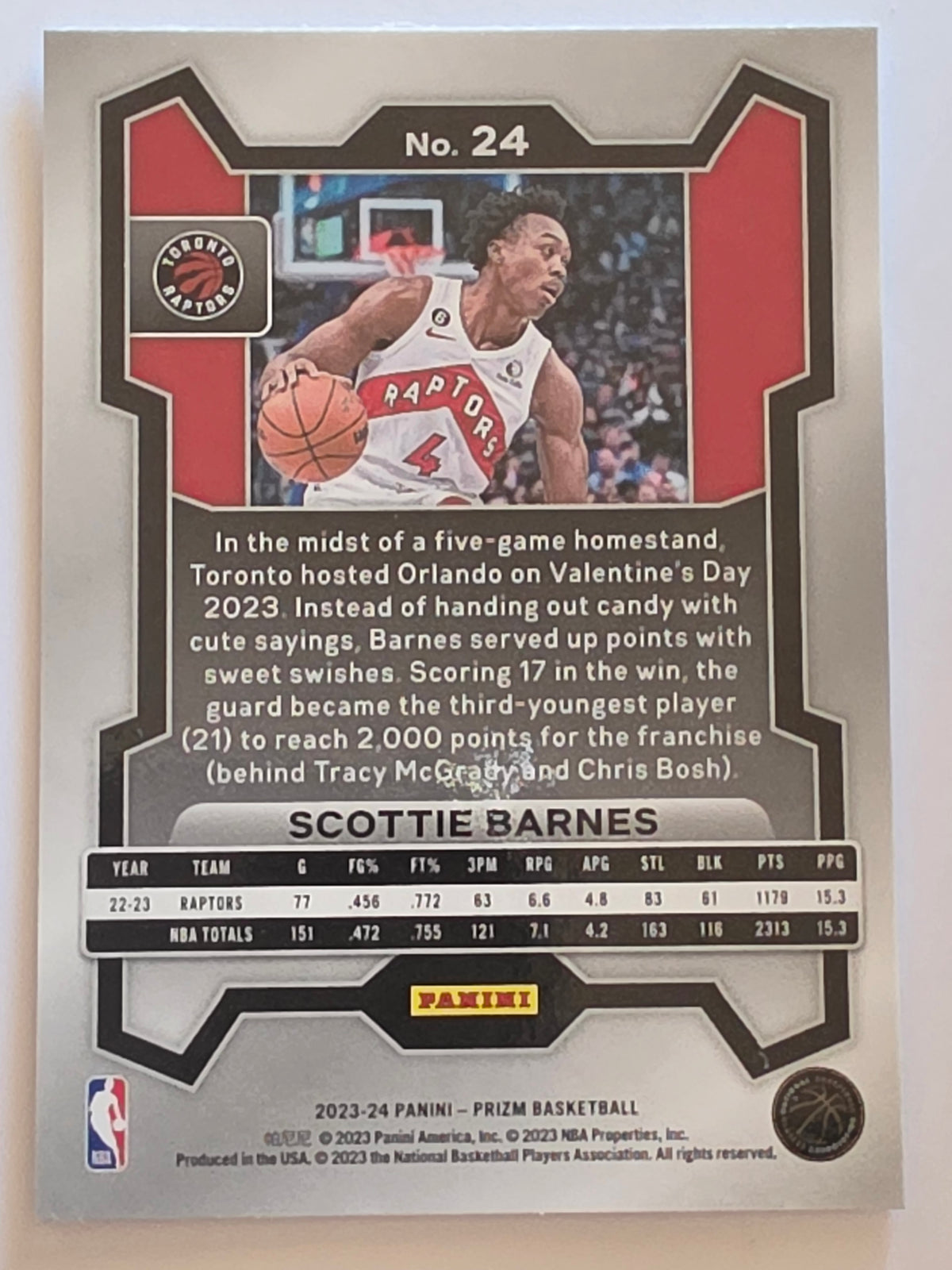 2023-24 Panini Prizm | White Sparkle Prizm Parallel | #24 | Scottie Barnes | Toronto Raptors