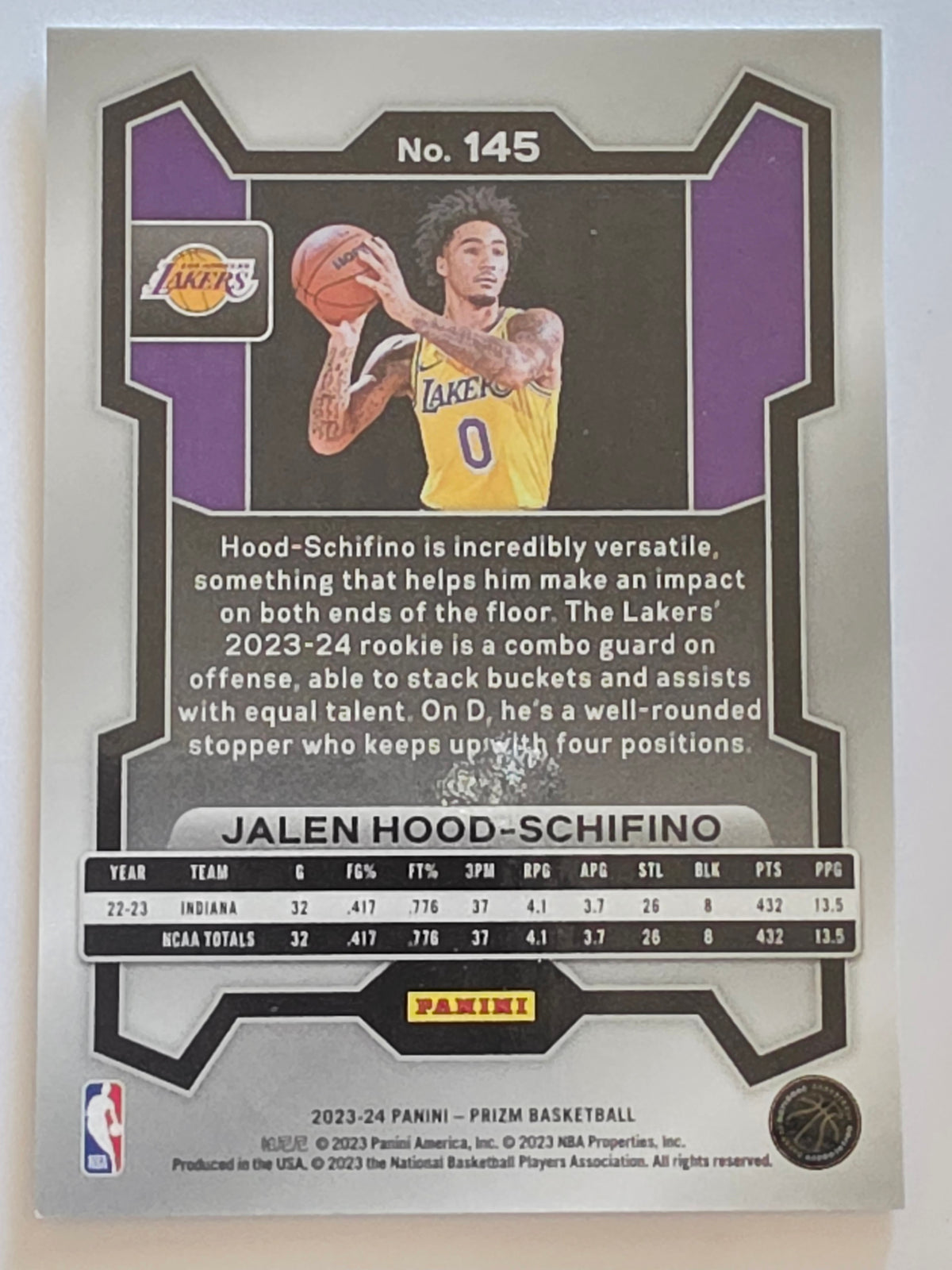 2023-24 Panini Prizm | White Sparkle Prizm Rookie RC | #145 | Jalen Hood-Schifino | Los Angeles Lakers