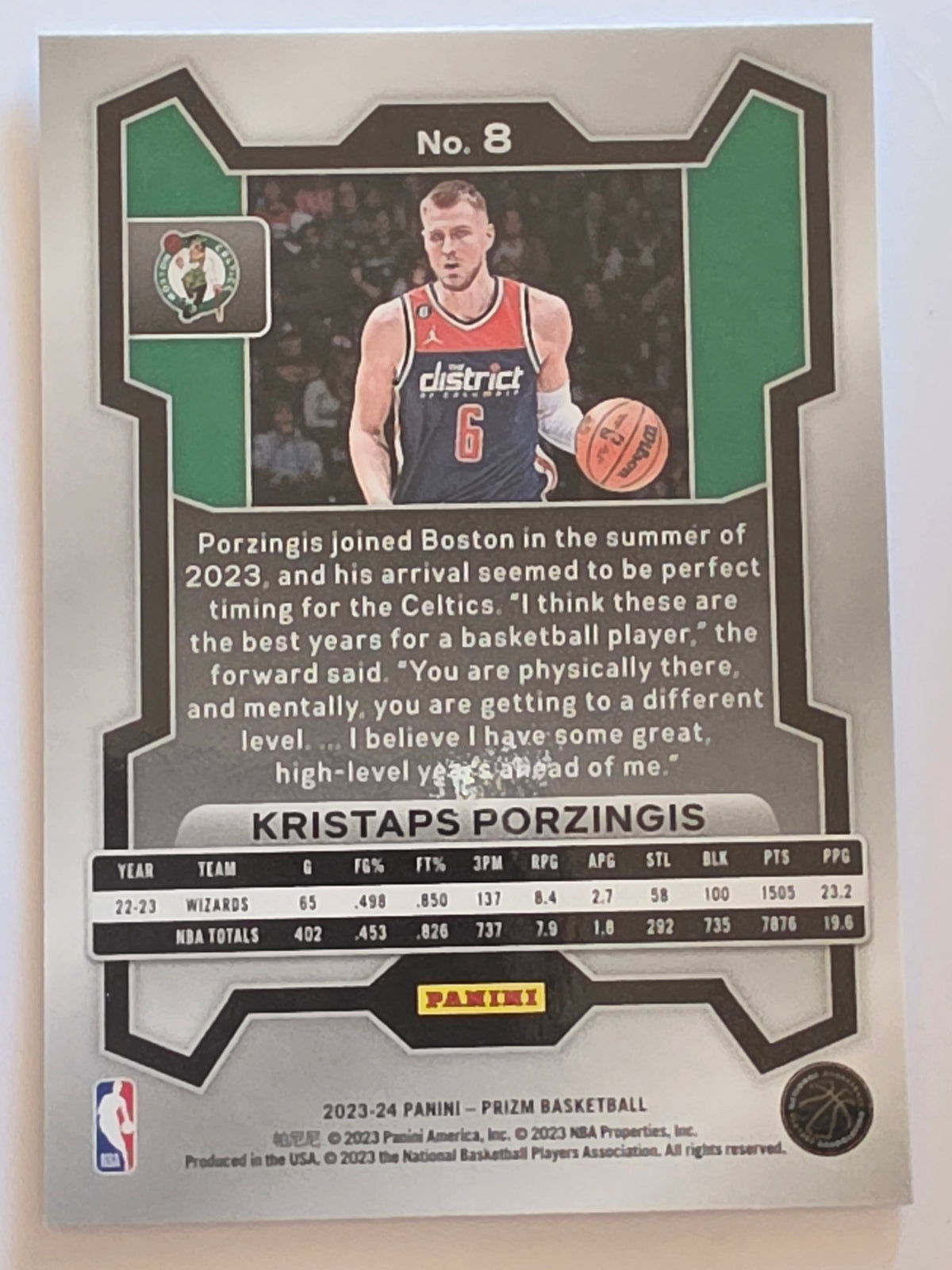 2023-24 Panini Prizm | White Sparkle Prizm Parallel | #8 | Kristaps Porzingis | Boston Celtics