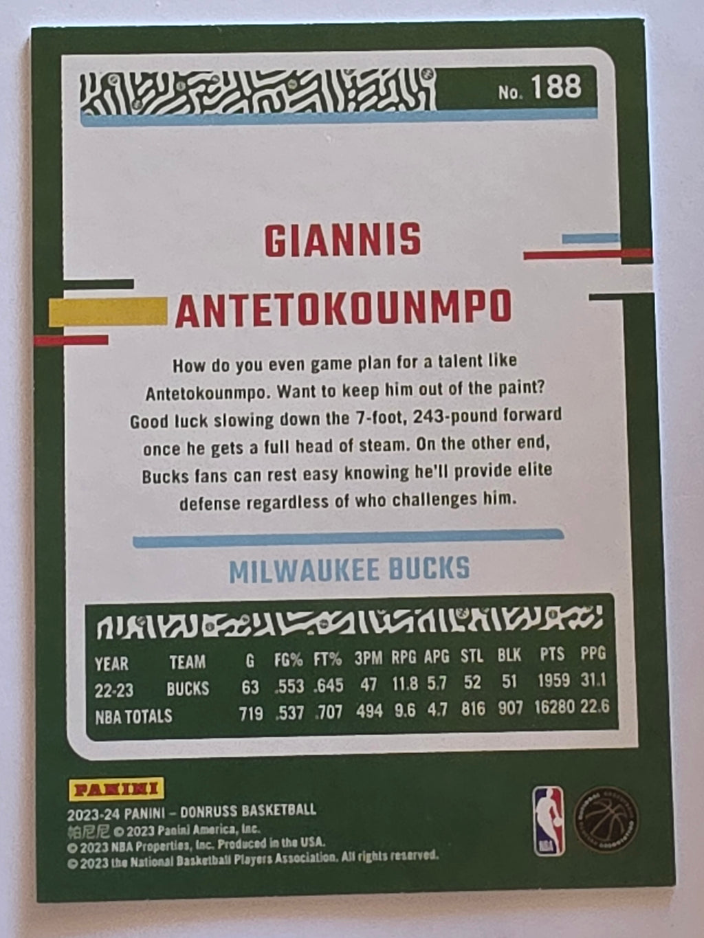 2023-24 Panini Donruss | Green Parallel | #188 | Giannis Antetokounmpo | Milwaukee Bucks