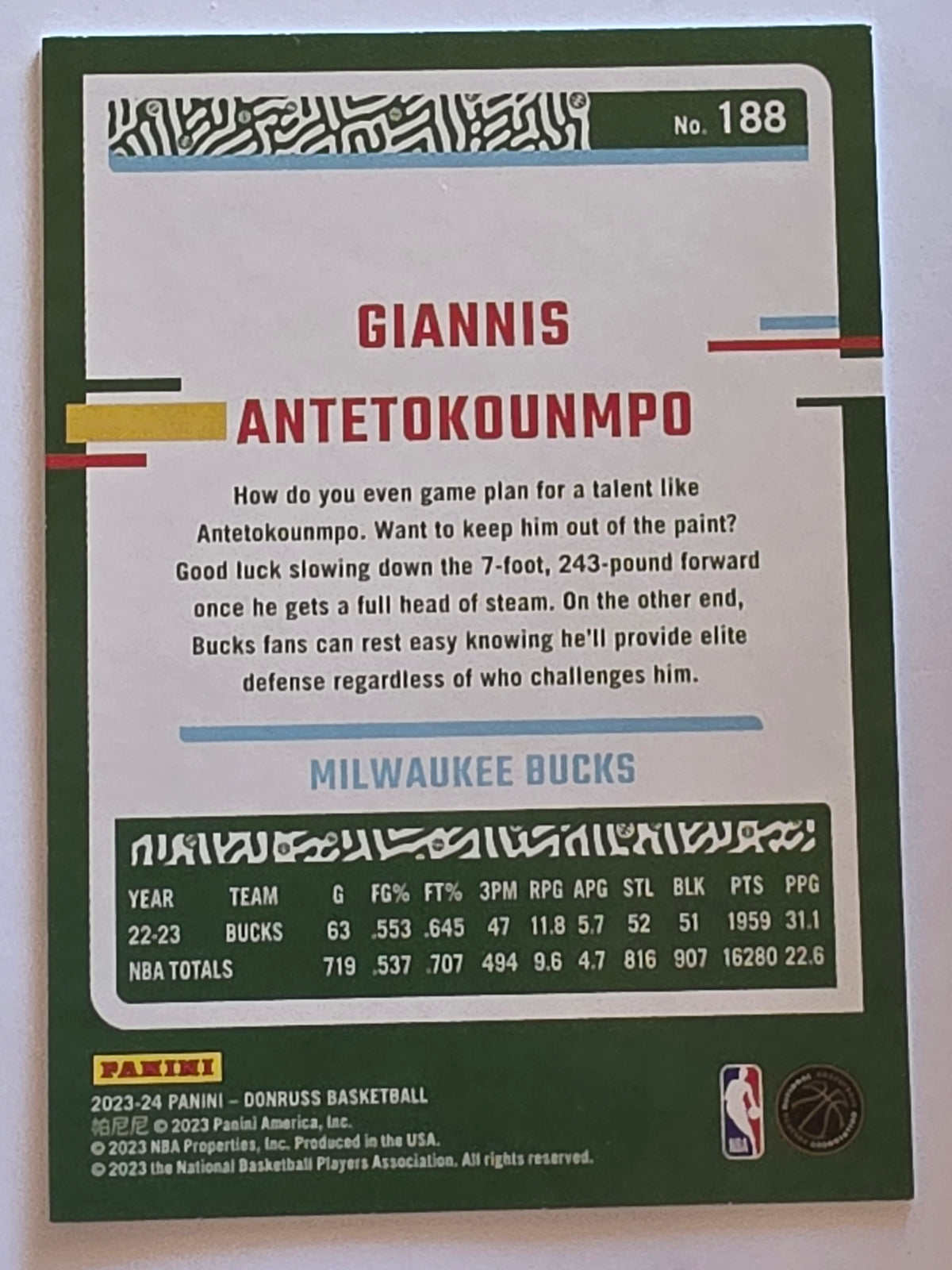 2023-24 Panini Donruss | Green Parallel | #188 | Giannis Antetokounmpo | Milwaukee Bucks