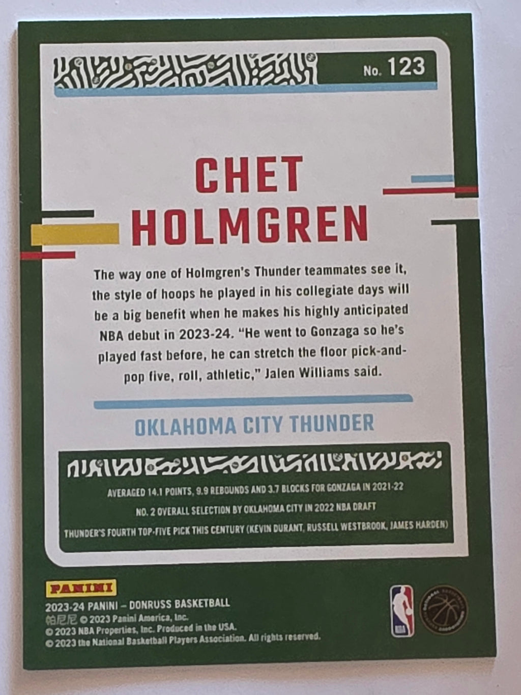2023-24 Panini Donruss | Blue Laser Parallel | #123 | Chet Holmgren | Oklahoma City Thunder