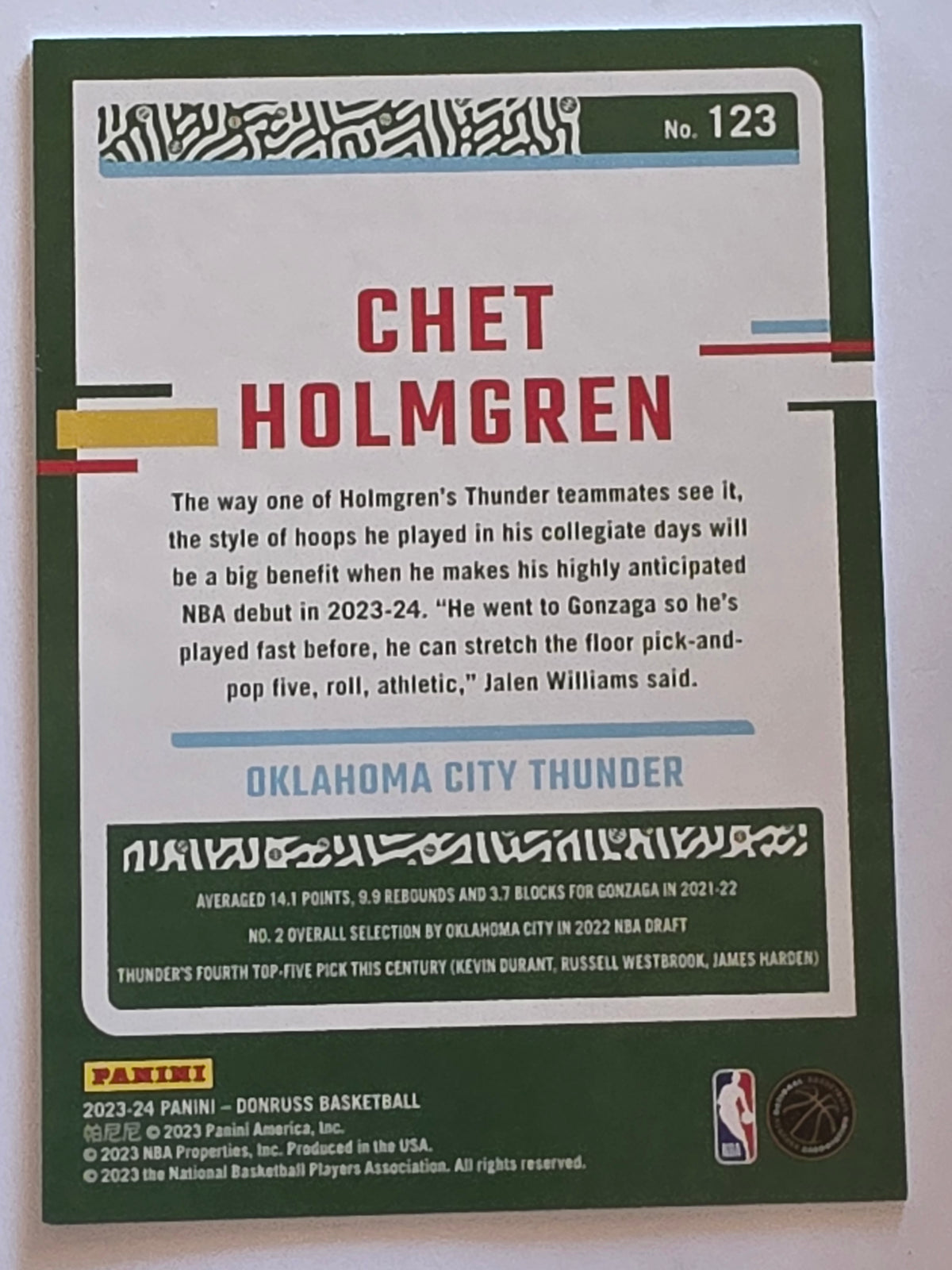 2023-24 Panini Donruss | Blue Laser Parallel | #123 | Chet Holmgren | Oklahoma City Thunder