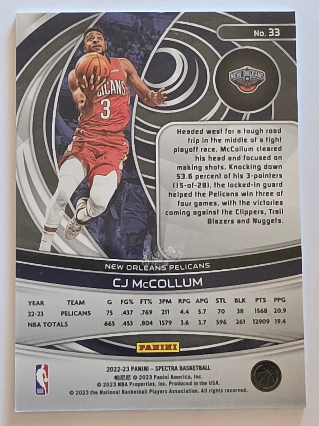 2022-23 Panini Spectra | Base | #33 | CJ McCollum | New Orleans Pelicans