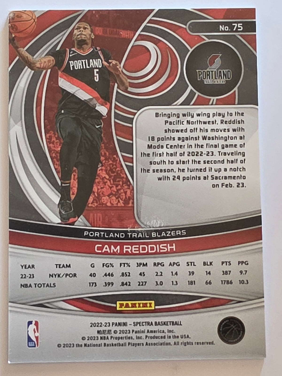 2022-23 Panini Spectra | Base | #75 | Cam Reddish | Portland Trail Blazers