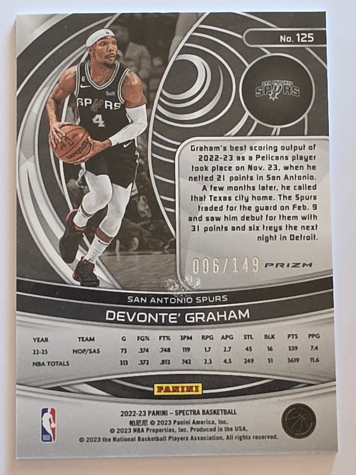 2022-23 Panini Spectra | Prizm Parallel /149 | #125 | Devonte' Graham | San Antonio Spurs