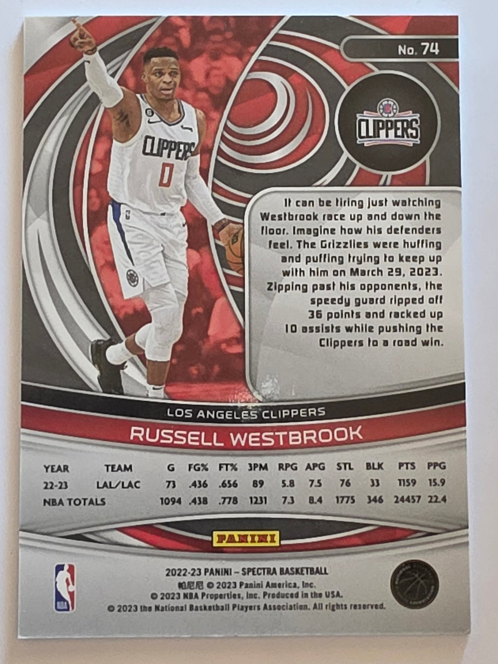 2022-23 Panini Spectra | Base | #74 | Russell Westbrook | Los Angeles Clippers