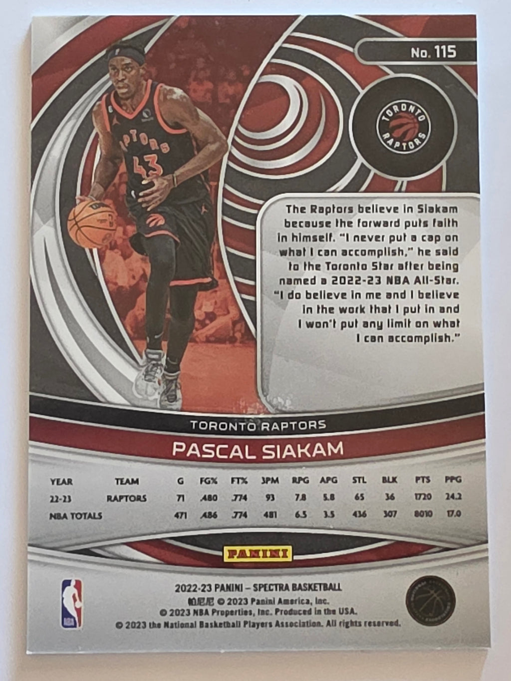 2022-23 Panini Spectra | Base | #115 | Pascal Siakam | Toronto Raptors