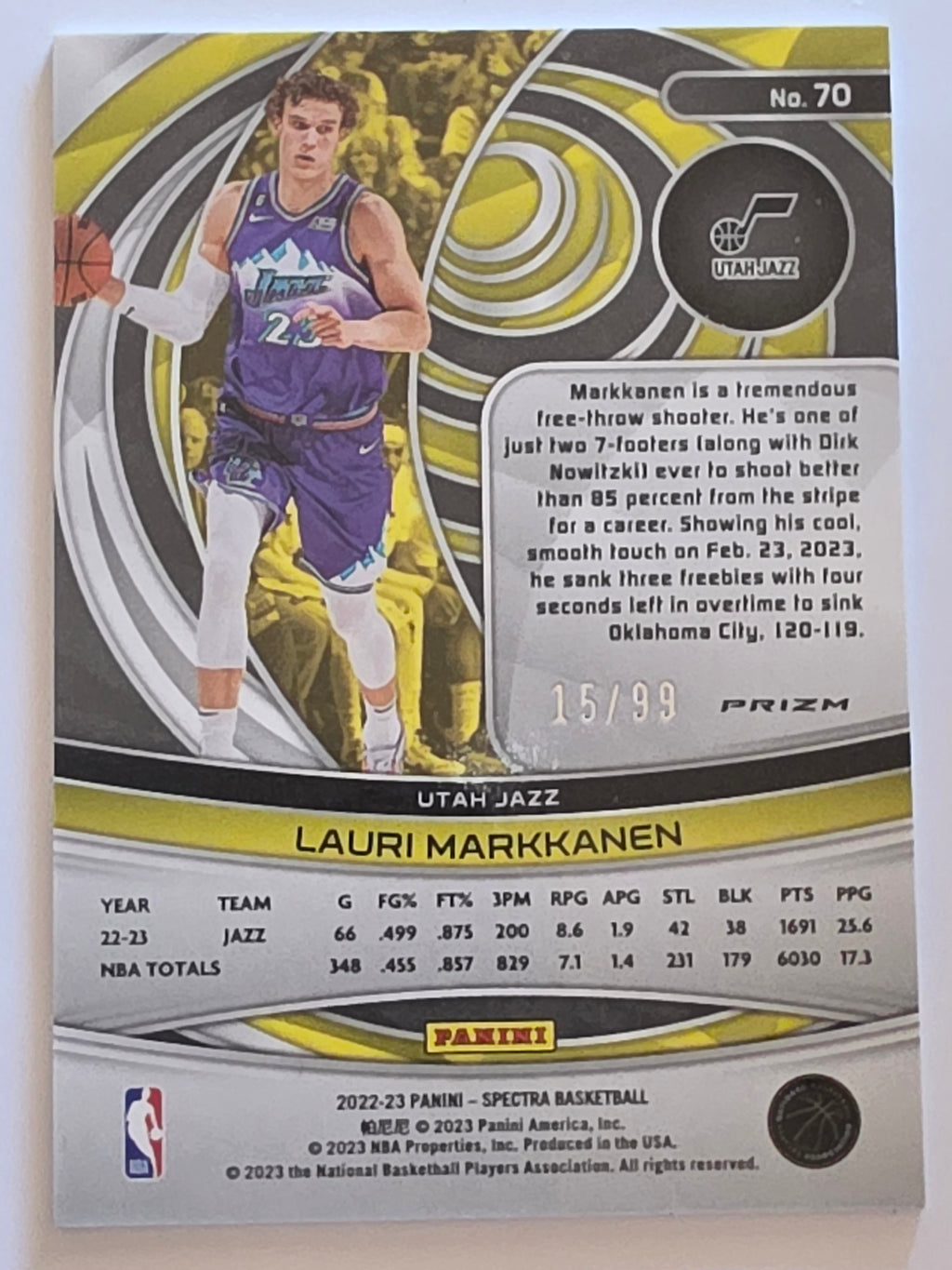 2022-23 Panini Spectra | Prizm Parallel 15/99 | #70 | Lauri Markkanen | Utah Jazz
