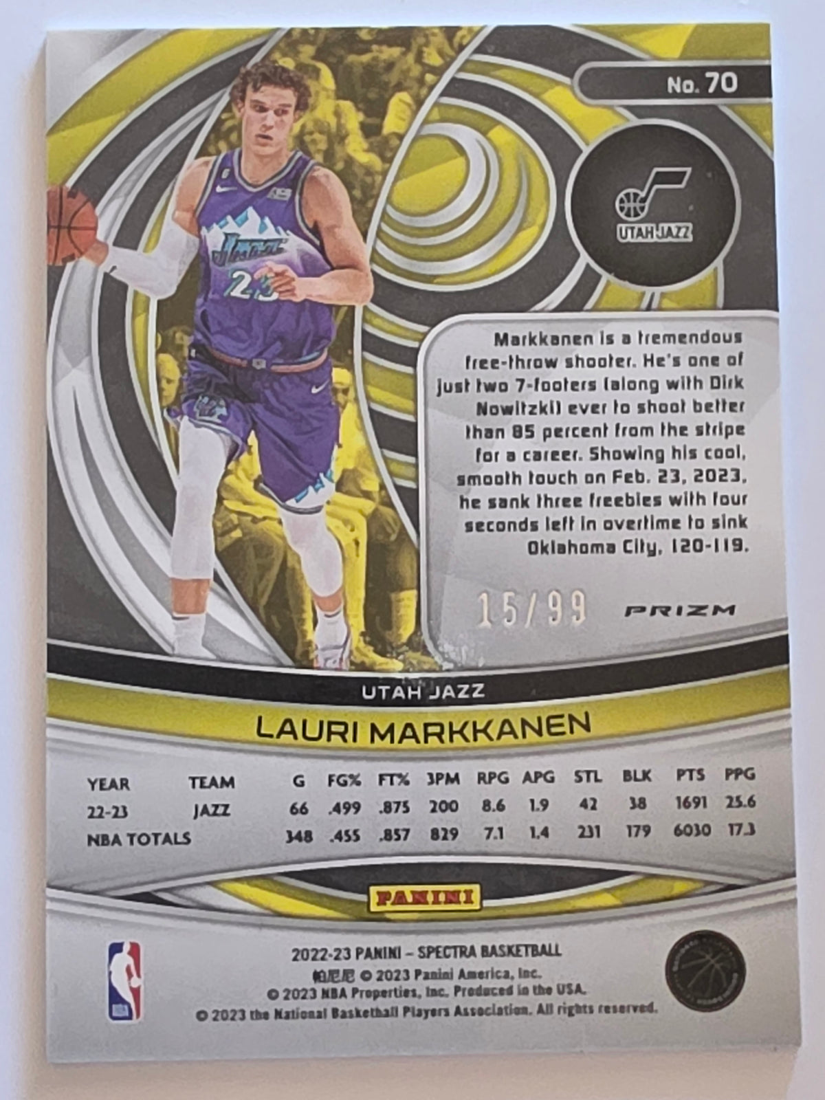 2022-23 Panini Spectra | Prizm Parallel 15/99 | #70 | Lauri Markkanen | Utah Jazz