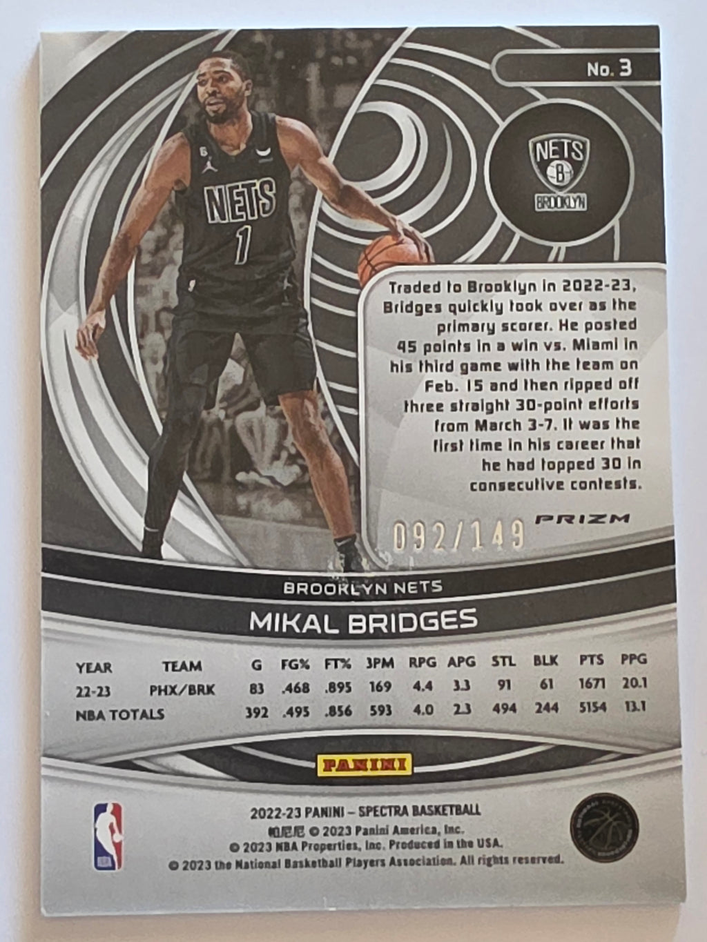 2022-23 Panini Spectra | Prizm Parallel /149 | #3 | Mikal Bridges | Brooklyn Nets