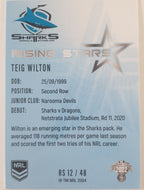 2022 TLA NRL Traders Trading card insert series Rising Stars of Cronulla Sharks player Teig Wilton card 12/48.