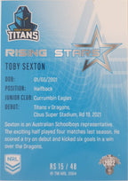 2022 TLA NRL Traders Trading card insert series Rising Stars of Gold Coast Titans player Toby Sexton card 15/48.