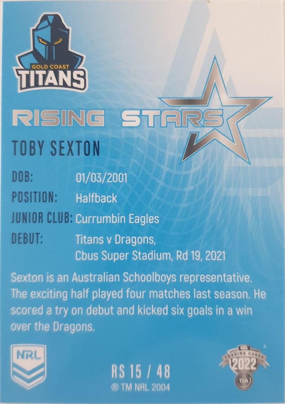 2022 TLA NRL Traders Trading card insert series Rising Stars of Gold Coast Titans player Toby Sexton card 15/48.