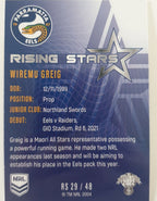 2022 TLA NRL Traders Trading card insert series Rising Stars of Parramatta Eels player Wiremu Greig card 29/48.