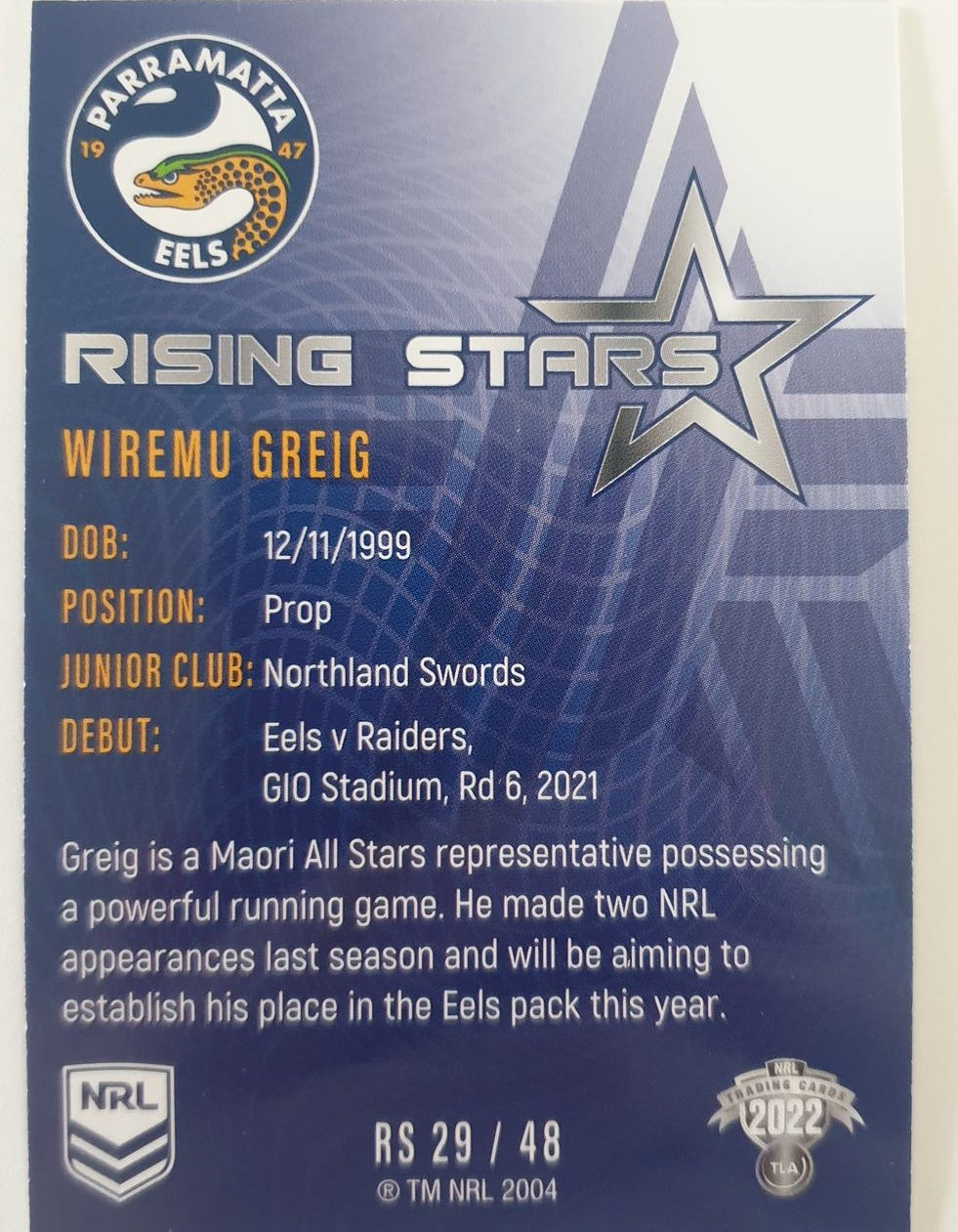 2022 TLA NRL Traders Trading card insert series Rising Stars of Parramatta Eels player Wiremu Greig card 29/48.