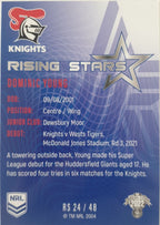 2022 TLA NRL Traders Trading card insert series Rising Stars of Newcastle Knights player Dominic Young card 24/48.