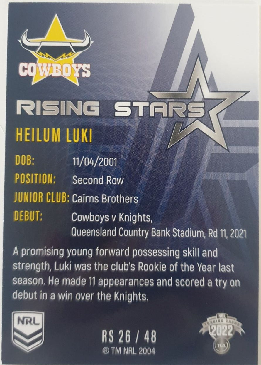 2022 TLA NRL Traders Trading card insert series Rising Stars of North Queensland Cowboys player Heilum Luki card 26/48.