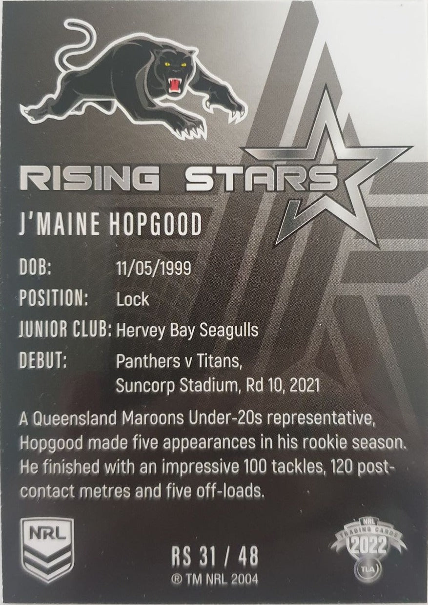 2022 TLA NRL Traders Trading card insert series Rising Stars of Penrith Panthers player J'Maine Hopgood card 31/48.