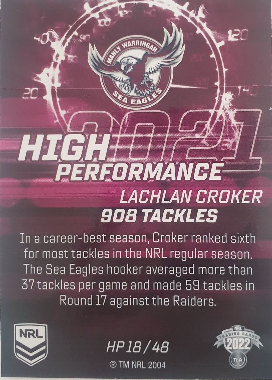 2022 TLA NRL Trading Cards insert series High Performance of Manly Warringah Sea-Eagles player Lachlan Croker. Card 18/48.