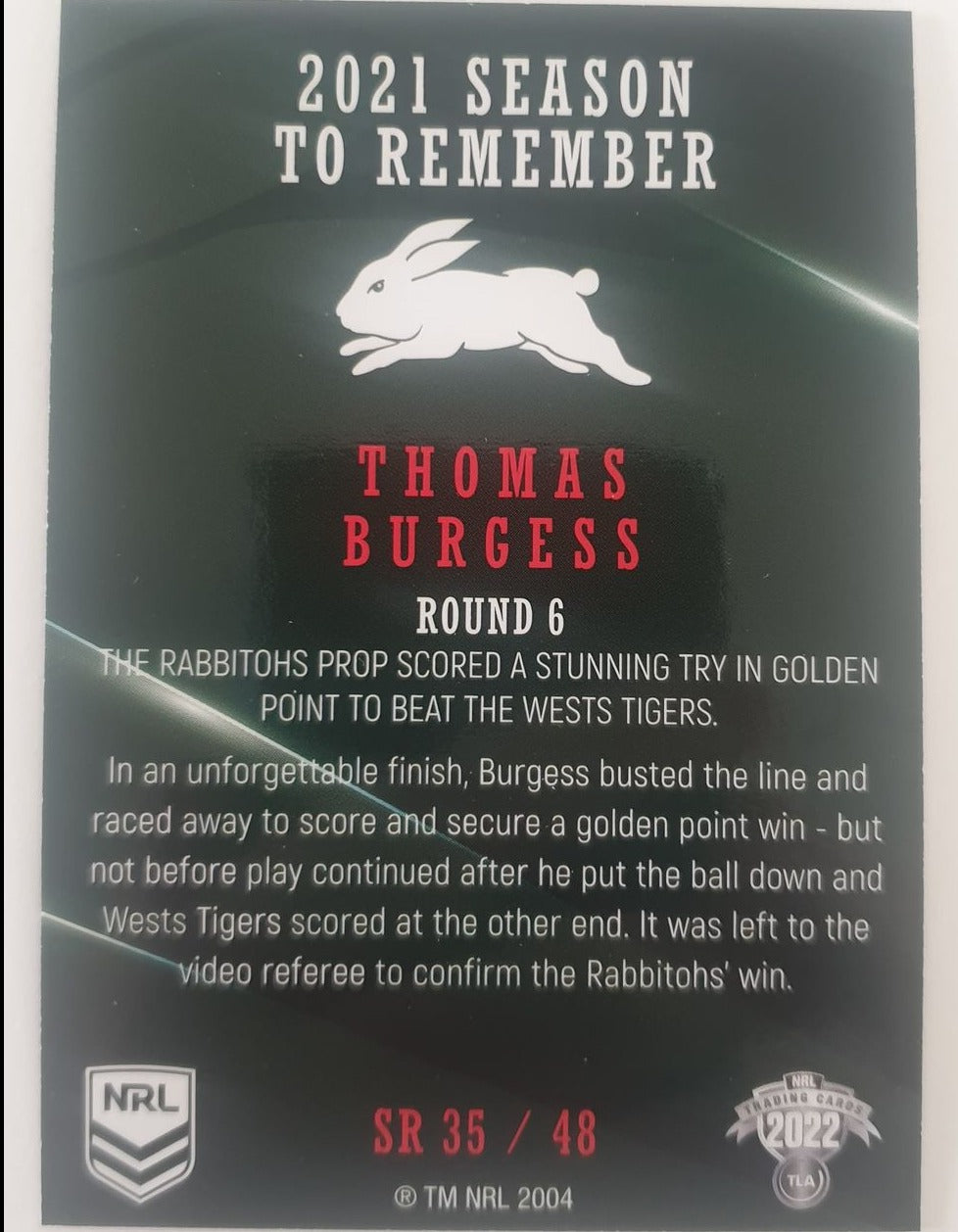 2022 TLA NRL Traders Trading card insert series 2021 Season to Remember of South Sydney Rabbitohs player Tom Burgess card 35/48.