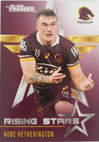 2022 TLA NRL Traders Trading card insert series Rising Stars of Brisbane Broncos player Kobe Hetherington card 01/48.