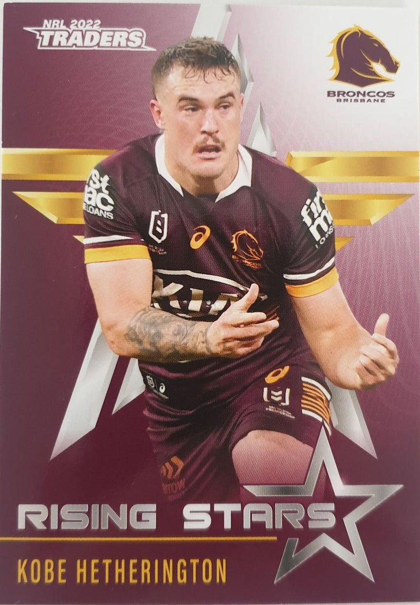 2022 TLA NRL Traders Trading card insert series Rising Stars of Brisbane Broncos player Kobe Hetherington card 01/48.