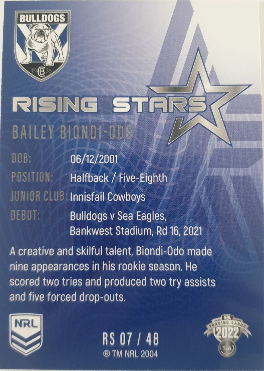 2022 TLA NRL Traders Trading card insert series Rising Stars of Canterbury Bankstown Bulldogs player Bailey Biondi-Odo card 07/48.
