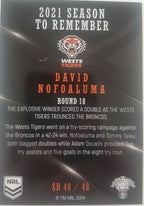 2022 TLA NRL Traders Trading card insert series 2021 Season to Remember of Wests Tigers player David Nofoaluma card 48/48.