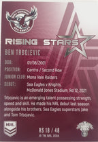 2022 TLA NRL Traders Trading card insert series Rising Stars of Manly Warringah Sea-Eagles player Ben Trbojevic card 18/48.