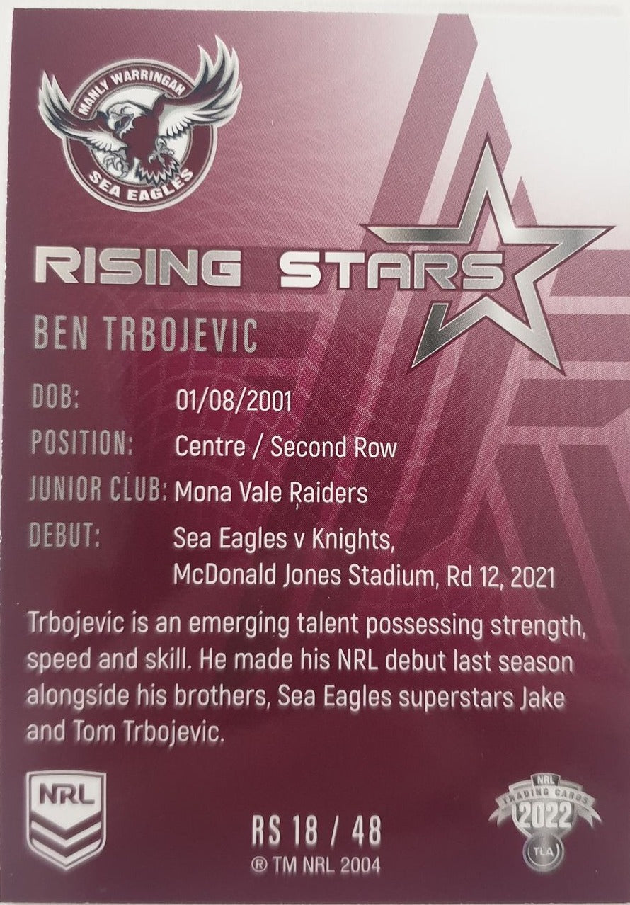 2022 TLA NRL Traders Trading card insert series Rising Stars of Manly Warringah Sea-Eagles player Ben Trbojevic card 18/48.