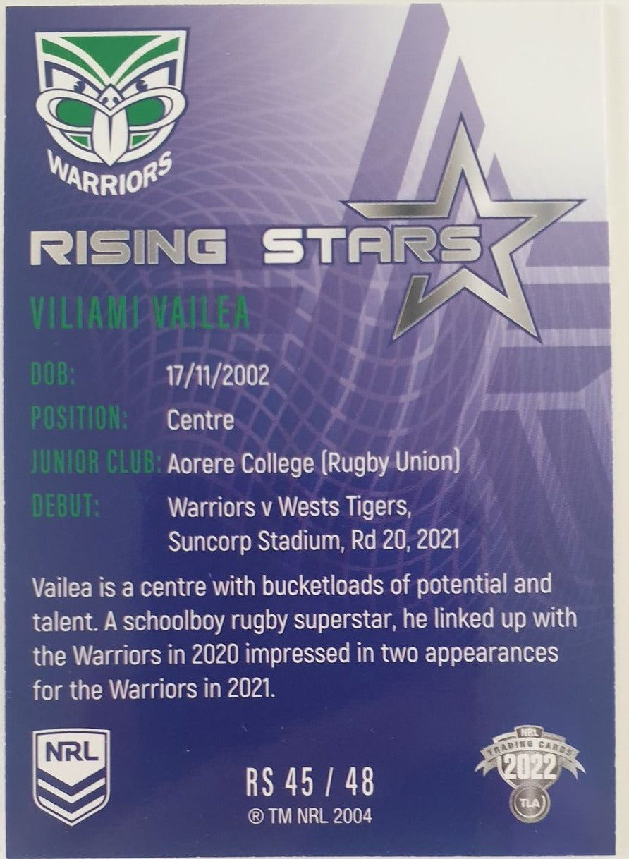2022 TLA NRL Traders Trading card insert series Rising Stars of New Zealand Warriors player Viliami Vailea card 45/48.
