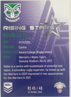 2022 TLA NRL Traders Trading card insert series Rising Stars of New Zealand Warriors player Viliami Vailea card 45/48.