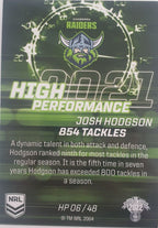 2022 TLA NRL Trading Cards insert series High Performance of Canberra Raiders player Josh Hodgson. Card 06/48.