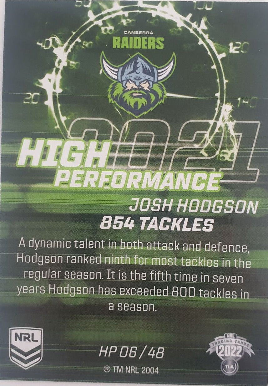 2022 TLA NRL Trading Cards insert series High Performance of Canberra Raiders player Josh Hodgson. Card 06/48.