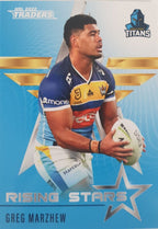 2022 TLA NRL Traders Trading card insert series Rising Stars of Gold Coast Titans player Greg Marzhew card 14/48.
