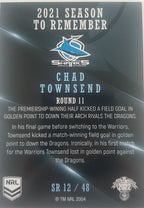 2022 TLA NRL Traders Trading card insert series 2021 Season to Remember of Cronulla Sharks player Chad Townsend card 12/48.