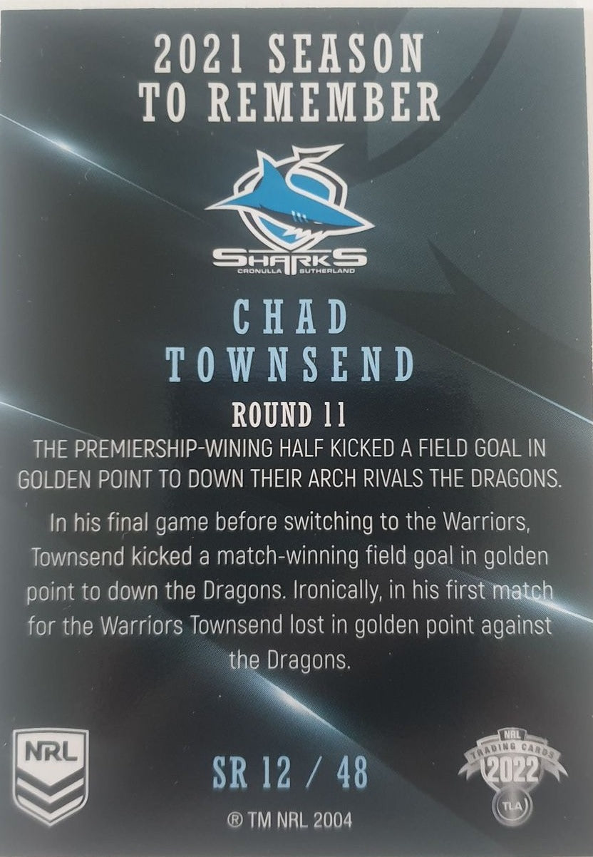 2022 TLA NRL Traders Trading card insert series 2021 Season to Remember of Cronulla Sharks player Chad Townsend card 12/48.